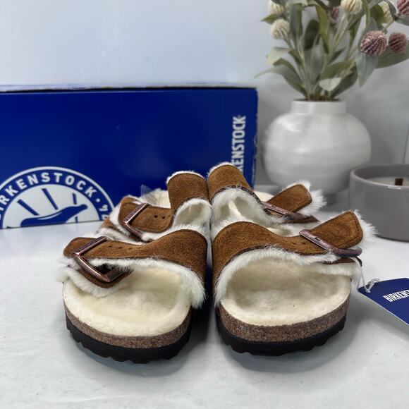 Birkenstock Arizona Suede Shearling Lined Slide Mink Women 7/Men 5/EU38 Narrow - Picture 4 of 10